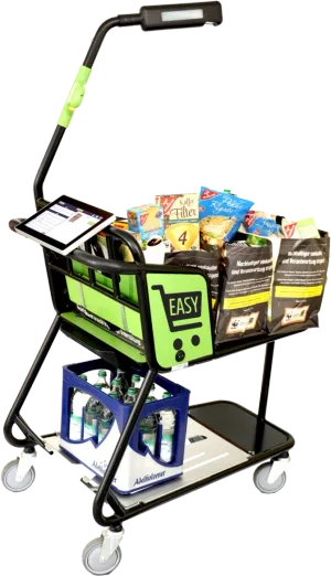 Smart Shopping Cart with digital screen and grocery products