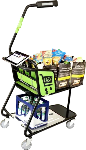 Smart Shopping Cart with digital screen and grocery products